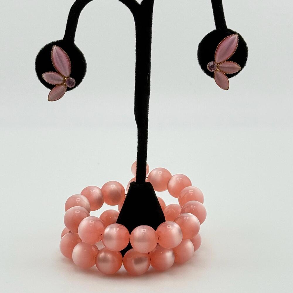 Vintage Lucite Pink Bead Bracelet & Avon Clip-On Earring Set, Costume Jewelry